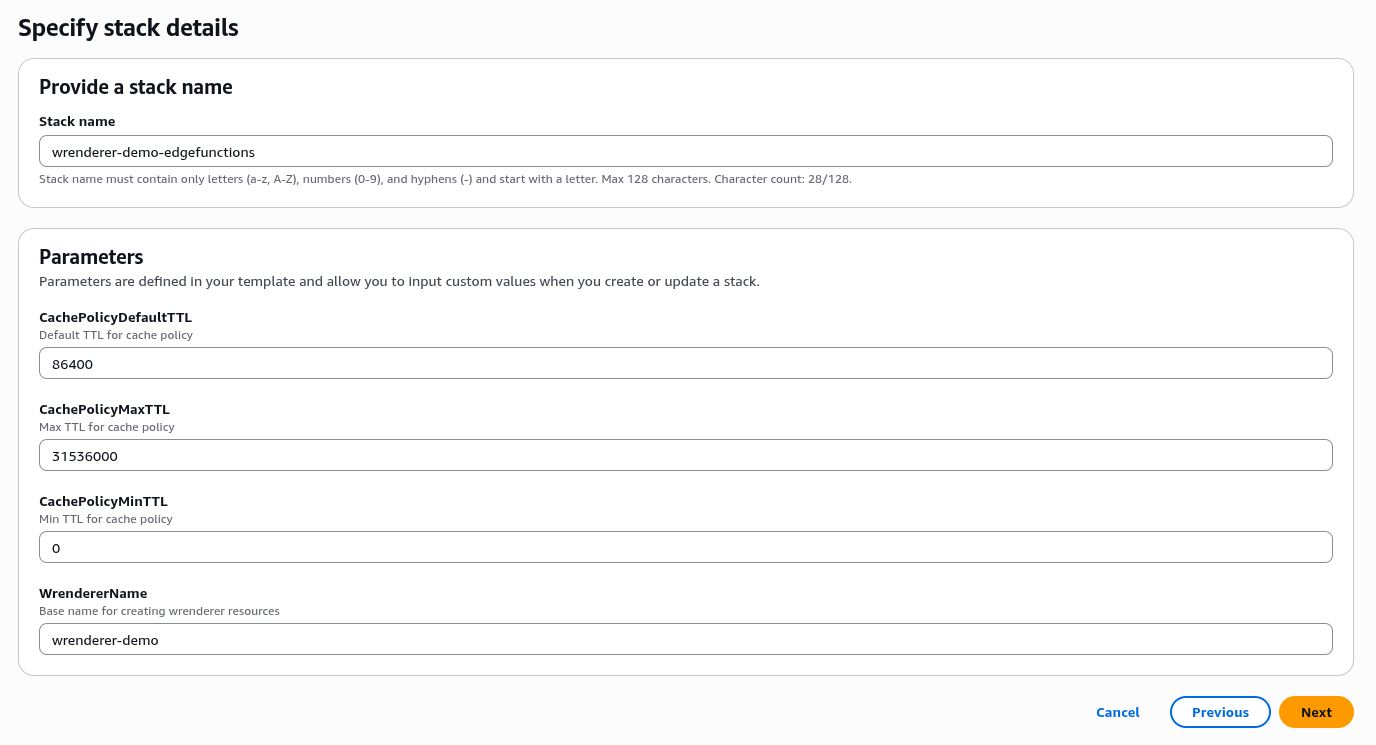 Specify stack name and parameters for CloudFront integration environment