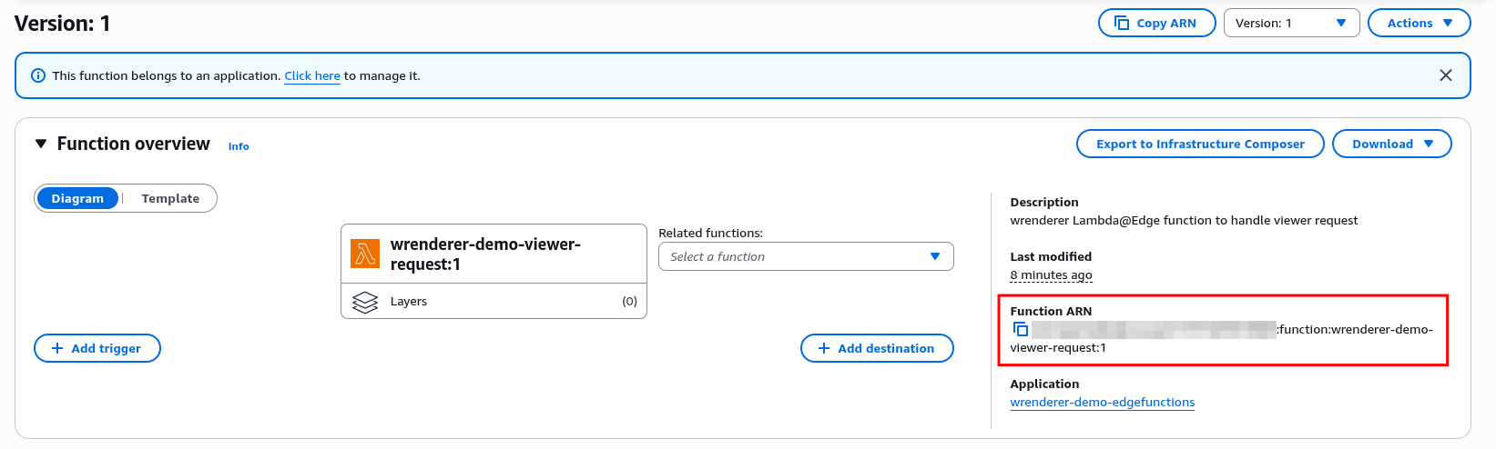 Finding arn of published version of viewer request Lambda function