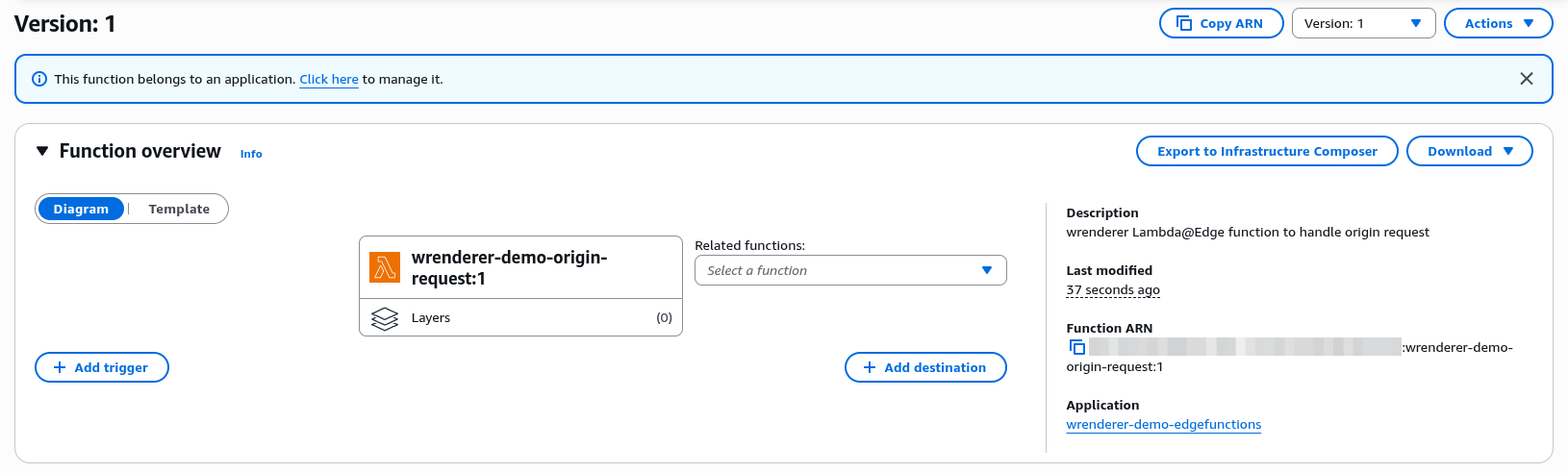 Finding arn of published version of origin request Lambda function