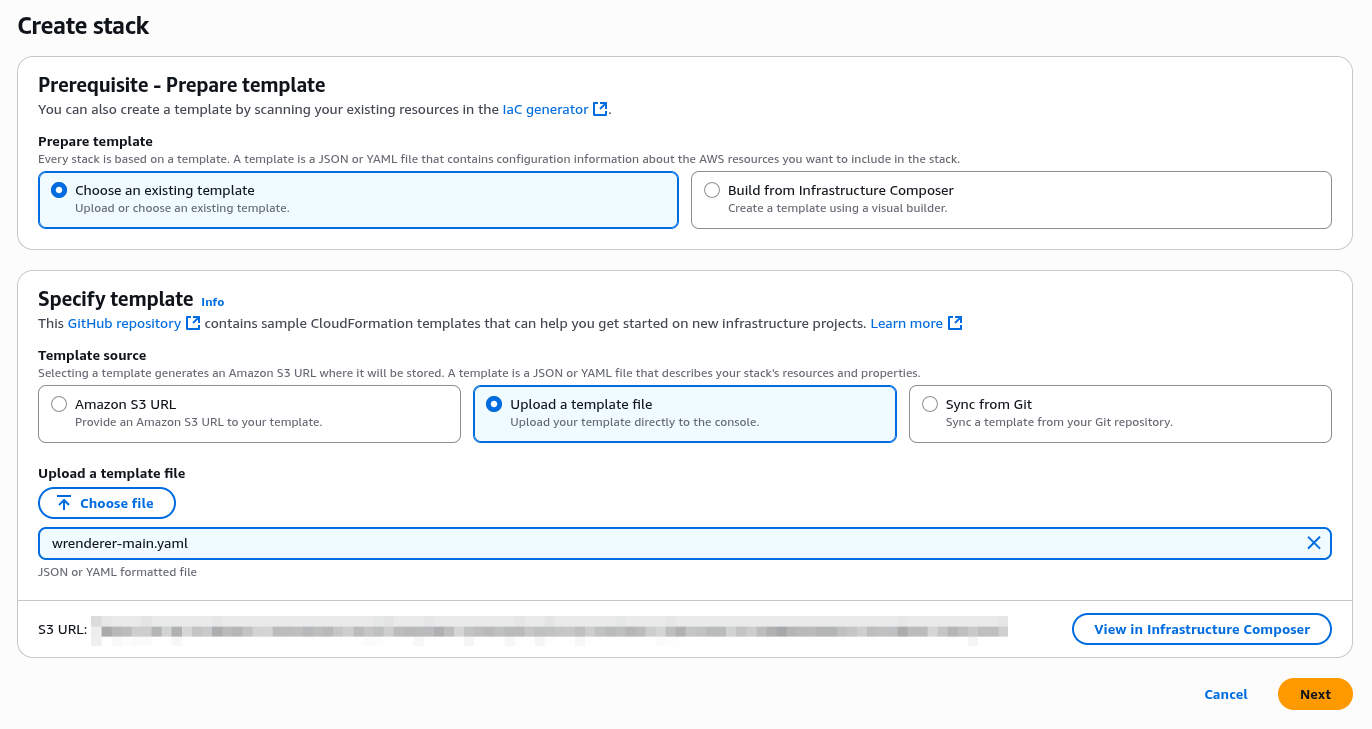 Choose CloudFormation template to create wrenderer function